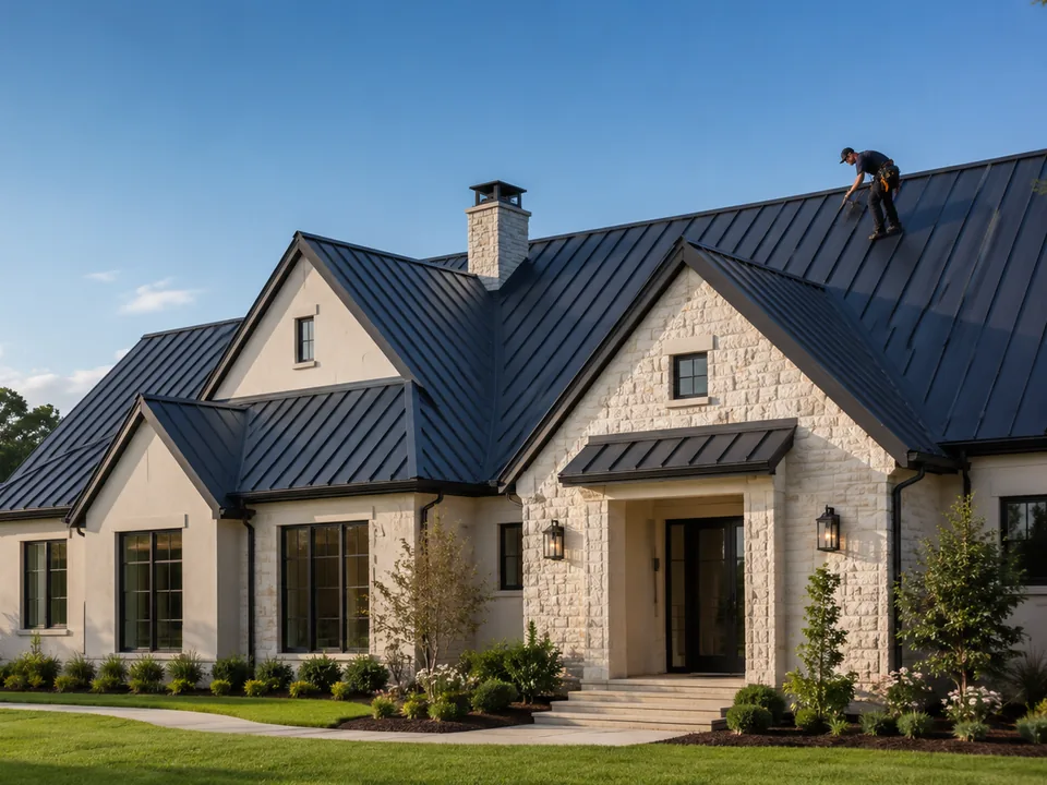 Dark standing seam metal roof on a stone-and-stucco house, with a roofer working near the ridge under a clear sky
