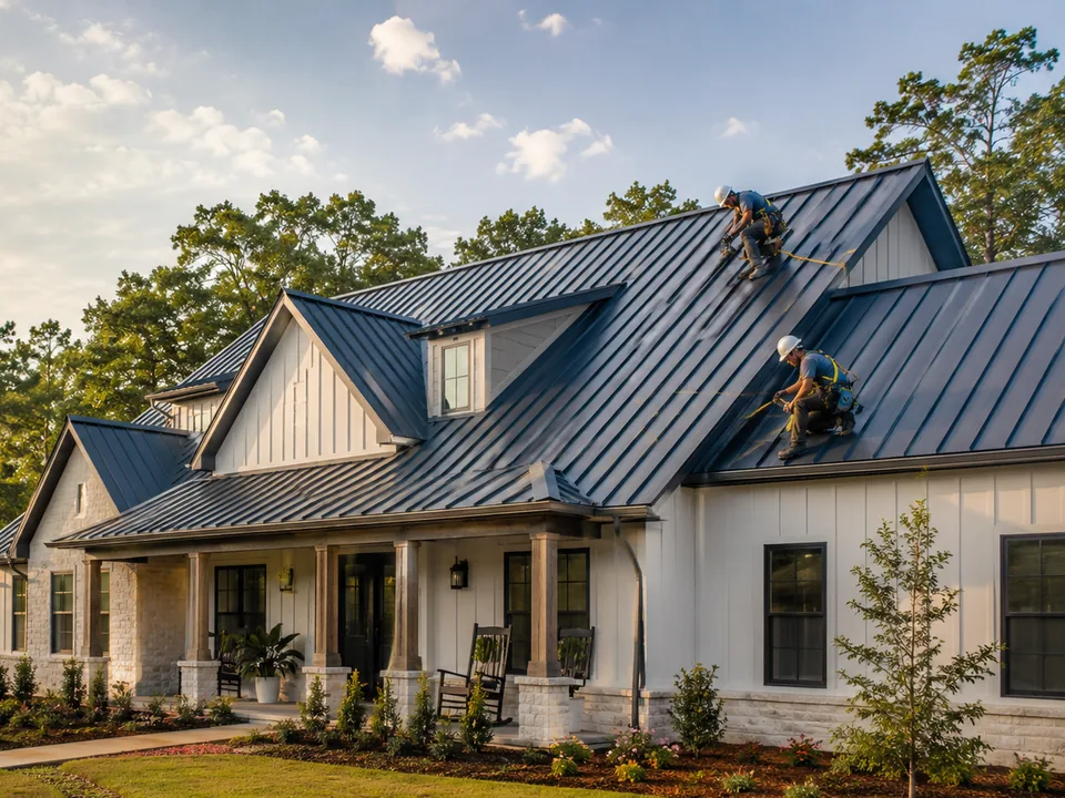 Two roofers in helmets and safety harnesses working on the dark standing seam metal roof of a white farmhouse surrounded by pine trees