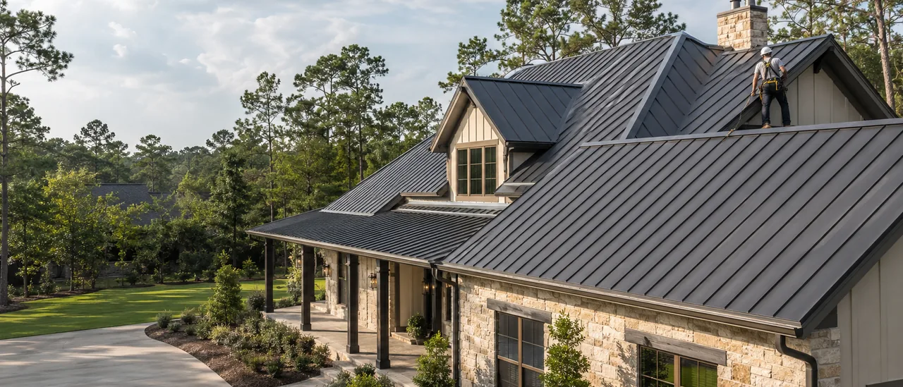 Elevated view of a wide dark standing seam metal roof over a stone home with a covered porch, with a roofer standing near the ridge
