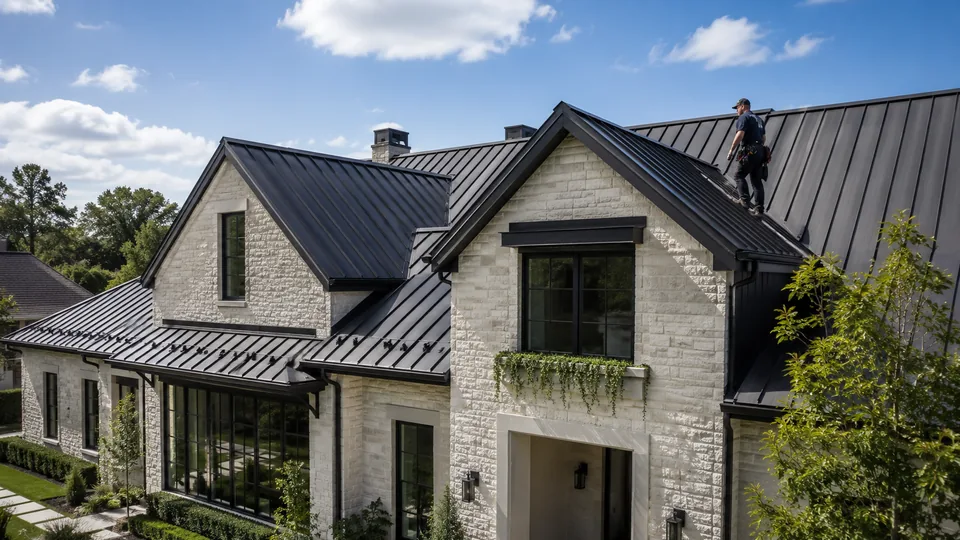 Roofer walking along the ridge of a black standing seam metal roof on a light brick house, checking the panels and seams